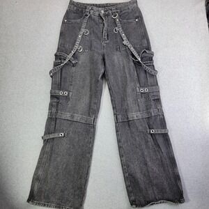 ROMWE Jeans Womens M Gray Mid Rise Wide Leg Cargo Strap Goth Punk Denim y2k emo